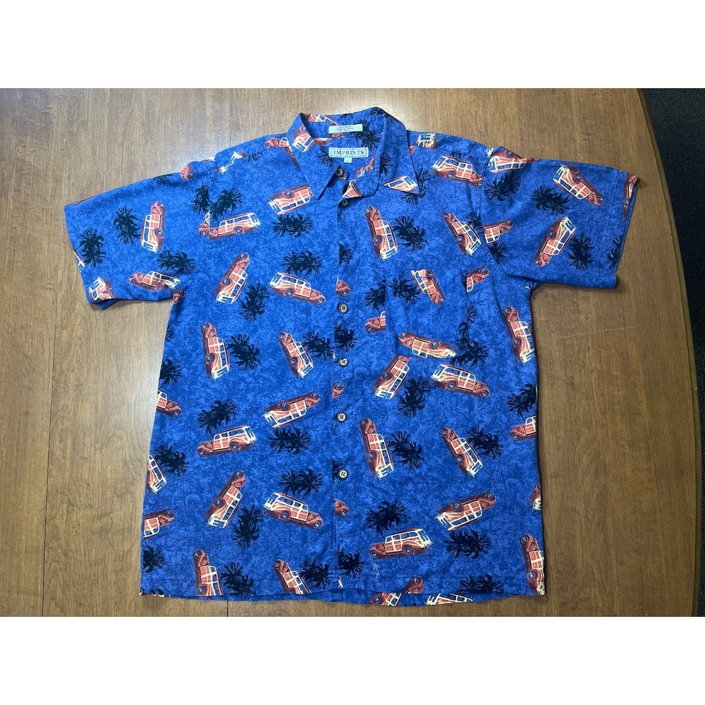 Vtg. Imprints Button Up Hawaiian Shirt Lg Classic Cars Palm Trees Men Blue As Is